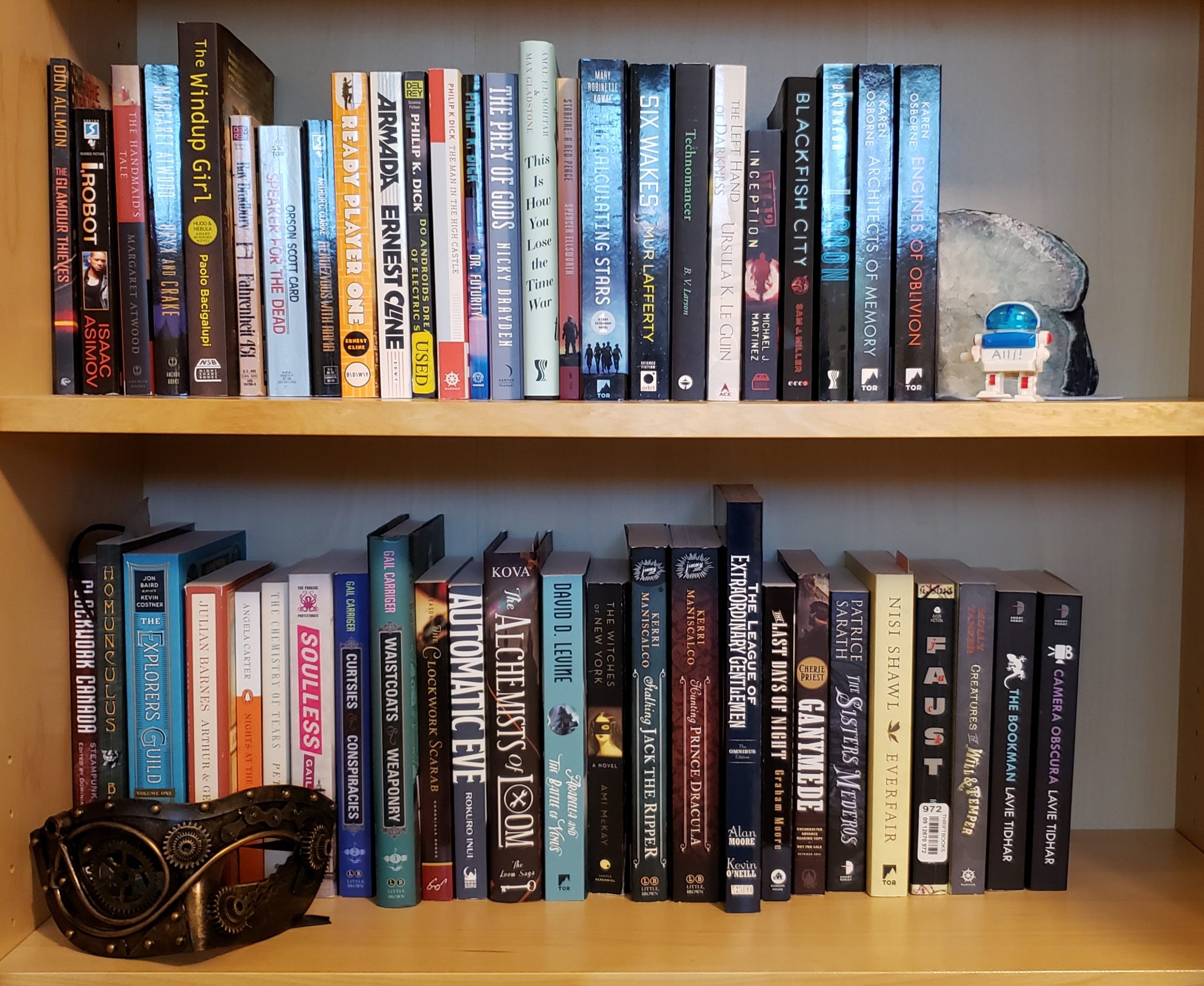 Two shelves of books divided by science fiction and steampunk